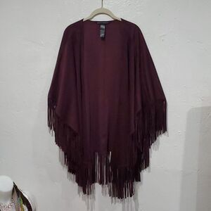 White House Black Market Fringe Trimmed Faux Suede Ruana Wrap in Burgundy OSFM